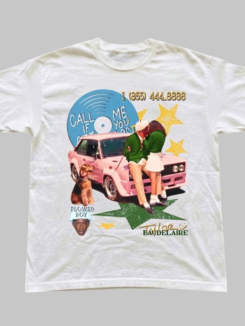 Gildan White Short Sleeve Tee with Pink Car Graphic